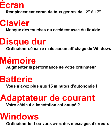 Écran Remplacement écran de tous genres de 12” à 17” Clavier Manque des touches ou accident avec du liquide Disque dur Ordinateur démarre mais aucun affichage de Windows Mémoire Augmenter la performance de votre ordinateur Batterie Vous n’avez plus que 15 minutes d’autonomie ! Adaptateur de courant Votre câble d’alimentation est coupé ? Windows Ordinateur lent ou vous avez des messages d’erreurs